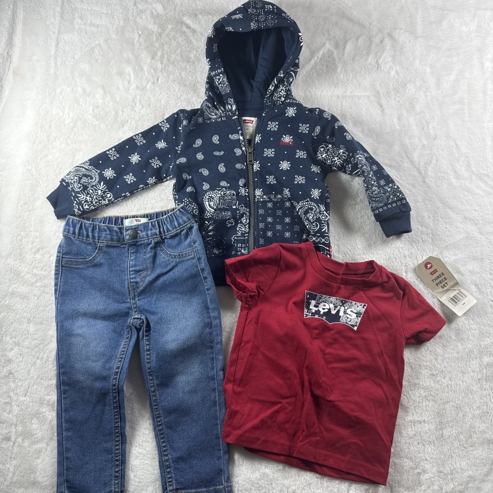 Levi's Toddler Boys 3-Piece Set Hoodie Tee Jeans Paisley Navy Red 18 Months